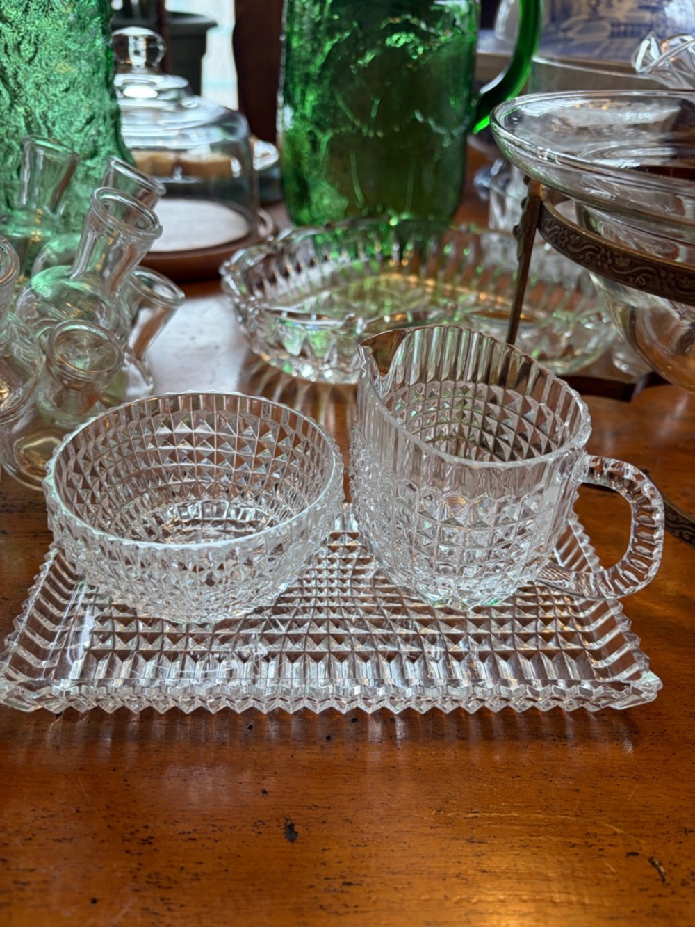 Clear Pressed Glass Creamer and Sugar Bowl on Tray